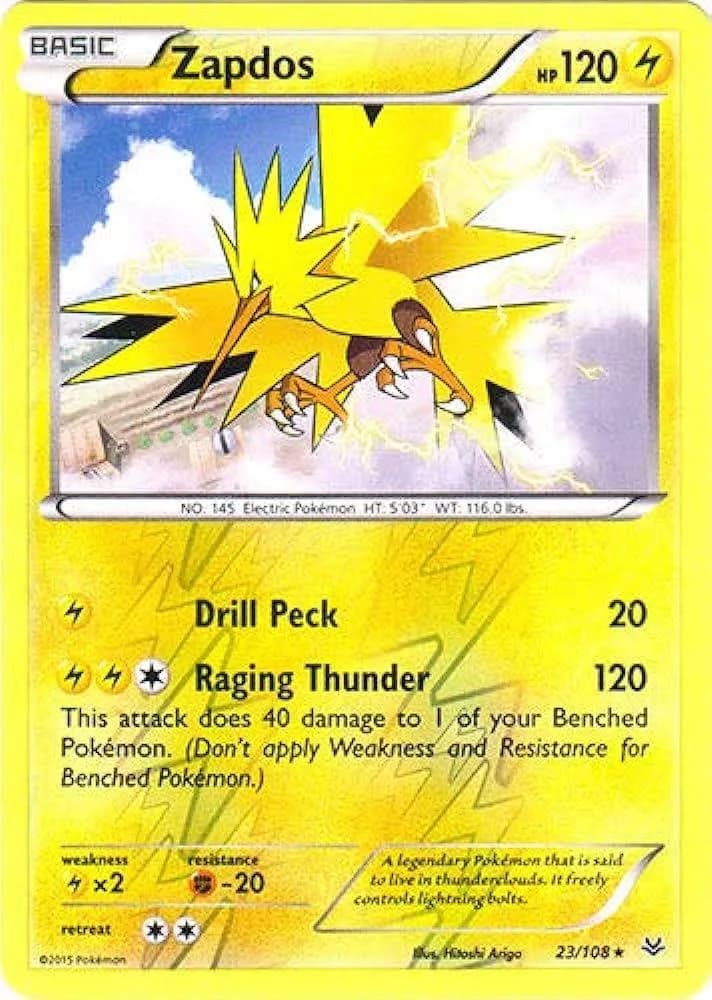 Zapdos reverse holo card front, Roaring Skies 23/108
