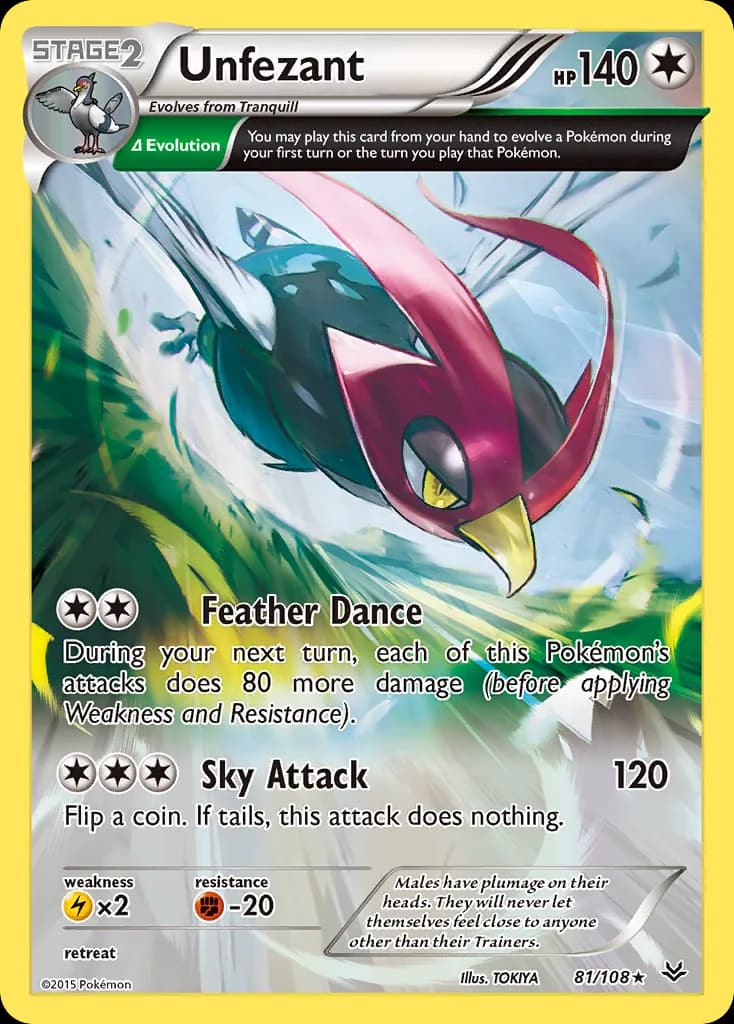 Unfezant, Roaring Skies 81/108, English non-holo base-card reference; reverse-holo finish is not shown