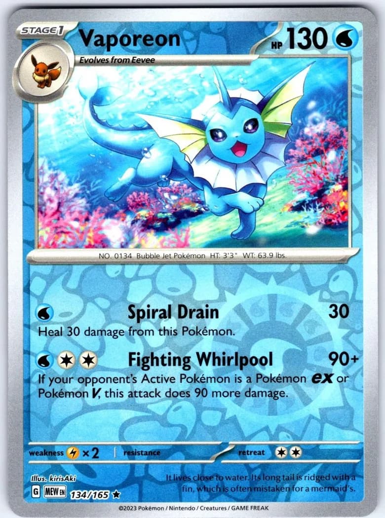 Vaporeon reverse holo card front, Scarlet & Violet-151 134/165