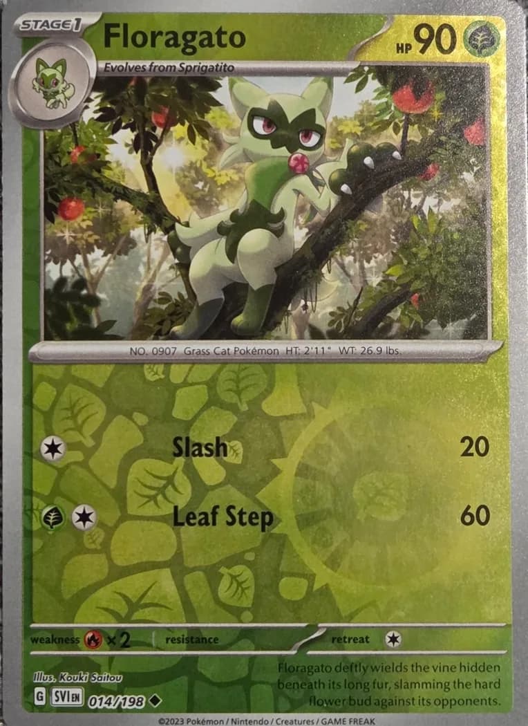 Floragato reverse holo card front, Scarlet & Violet 14/198