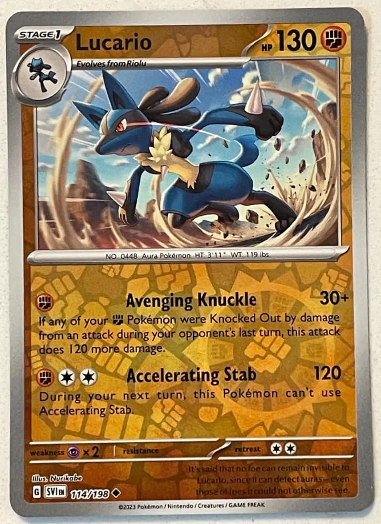 Lucario reverse holo card front, Scarlet & Violet 114/198