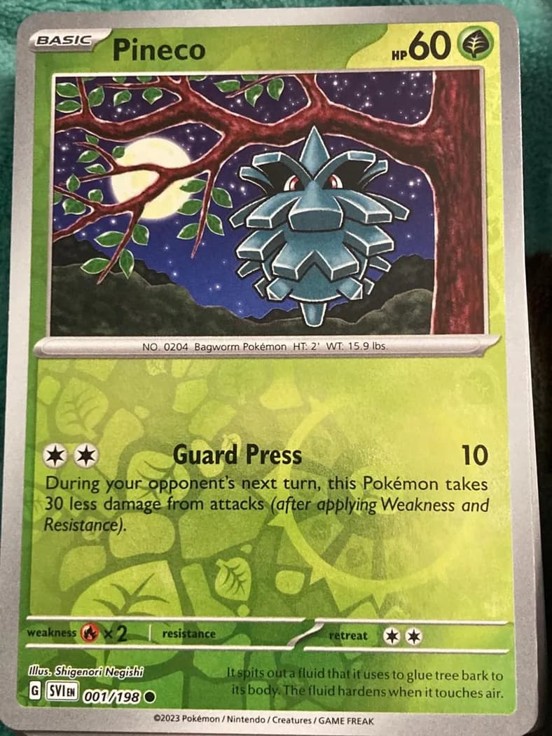 Pineco reverse holo card front, Scarlet & Violet 1/198