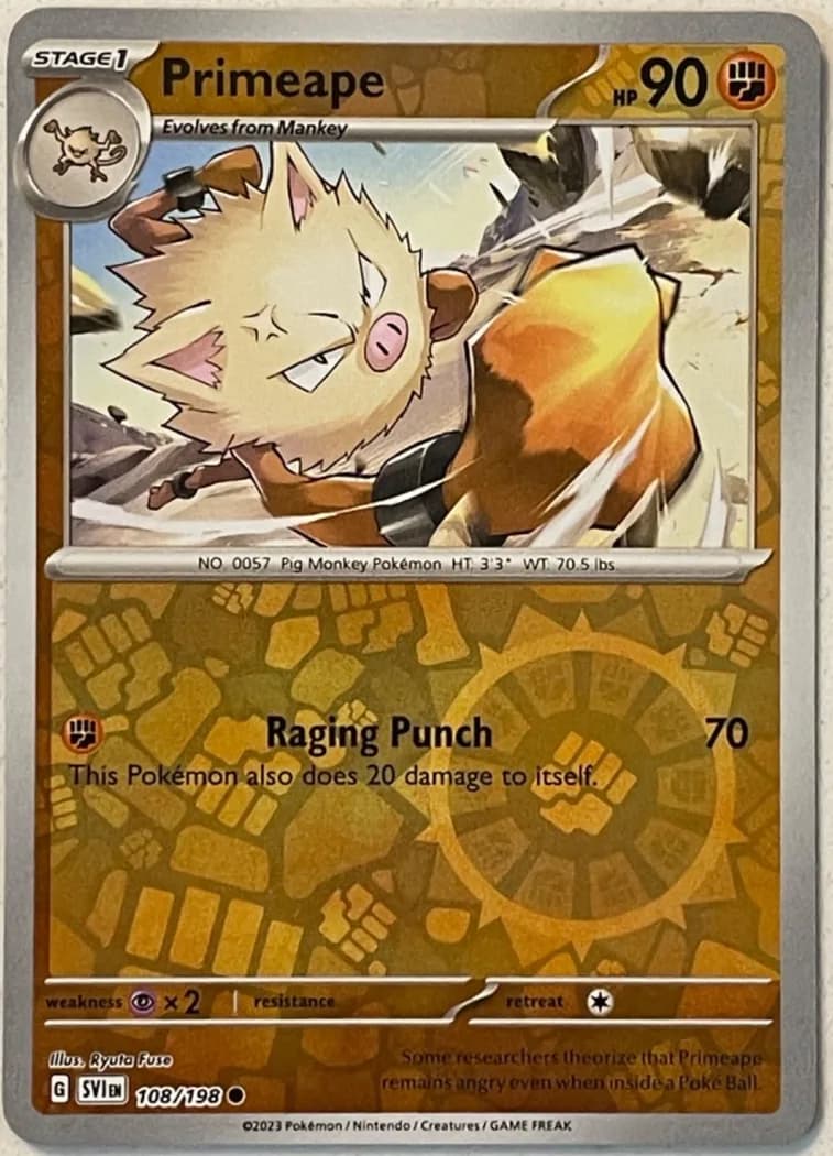 Primeape reverse holo card front, Scarlet & Violet 108/198