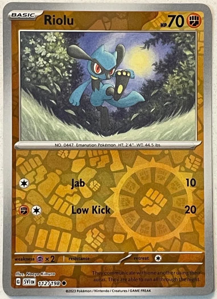 Riolu reverse holo card front, Scarlet & Violet 112/198