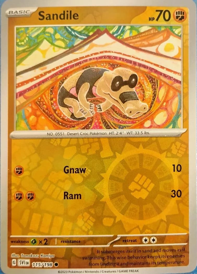 Sandile reverse holo card front, Scarlet & Violet 115/198