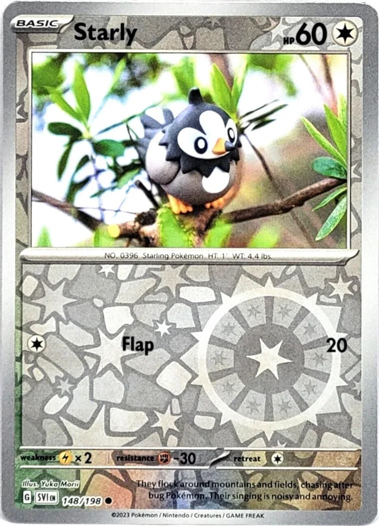 Starly reverse holo card front, Scarlet & Violet 148/198