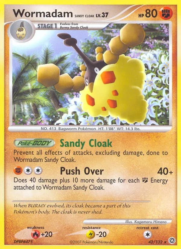 Wormadam Sandy Cloak, Secret Wonders 42/132, English non-holo base-card reference; reverse-holo finish is not shown