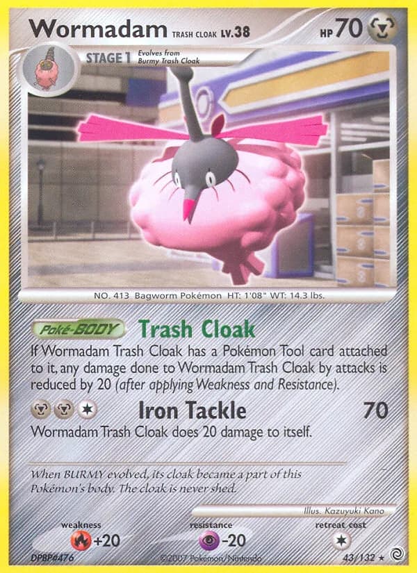 Wormadam Trash Cloak, Secret Wonders 43/132, English non-holo base-card reference; reverse-holo finish is not shown