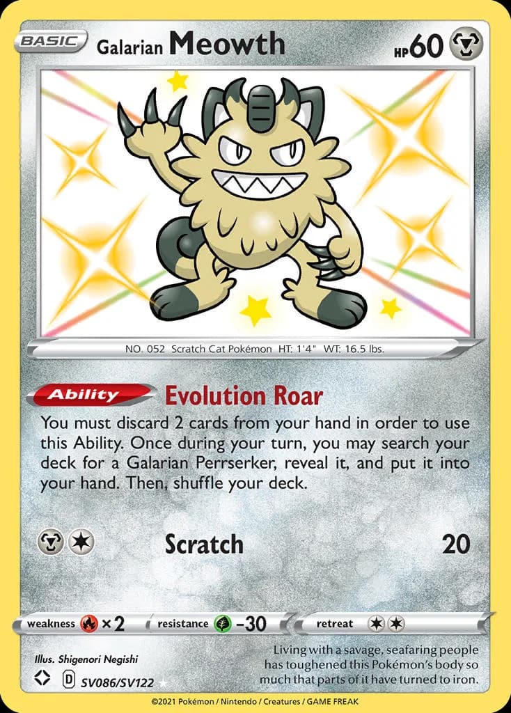 Shining Fates Galarian Meowth card front, SV086/SV122