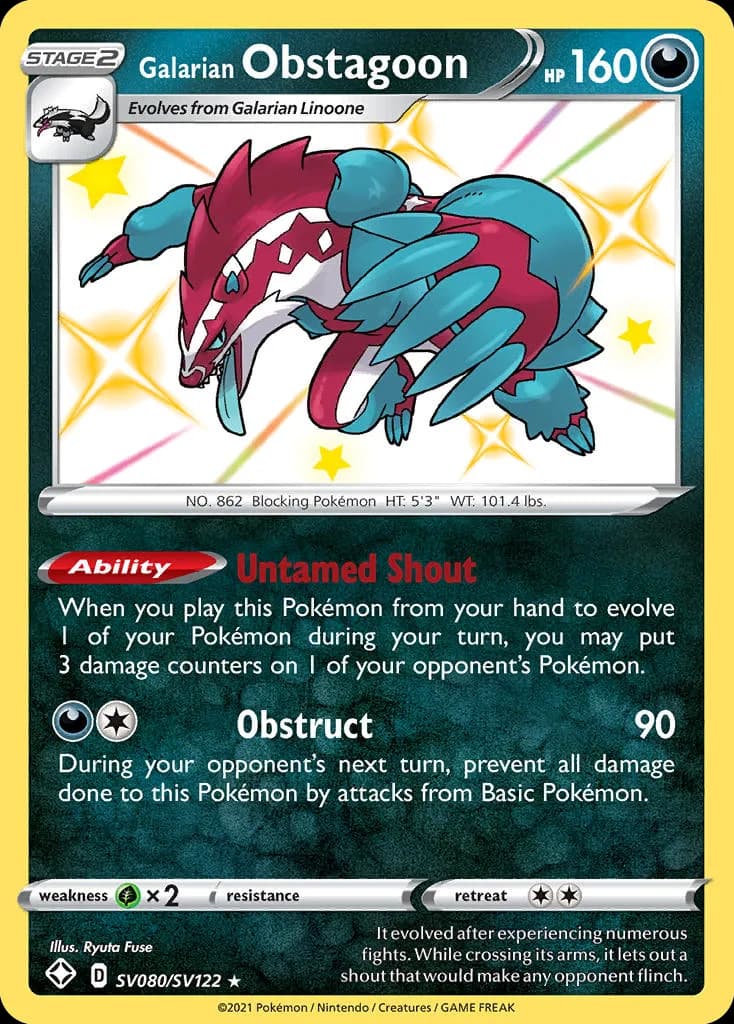 Shining Fates Galarian Obstagoon card front, SV080/SV122