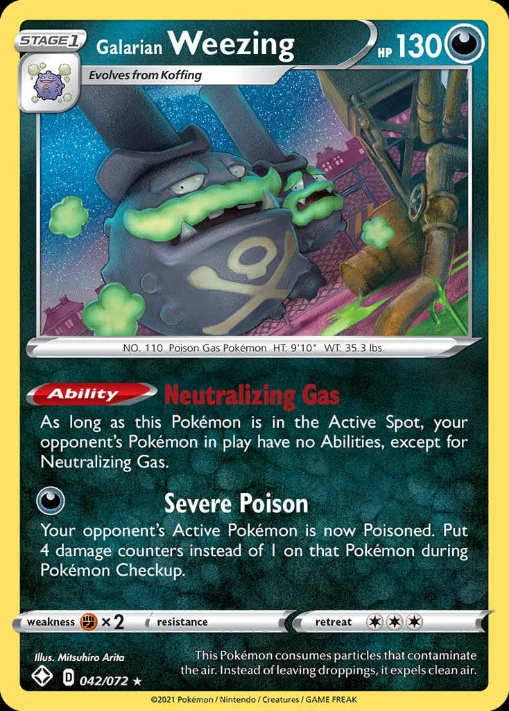 Shining Fates Galarian Weezing card front, 42/72