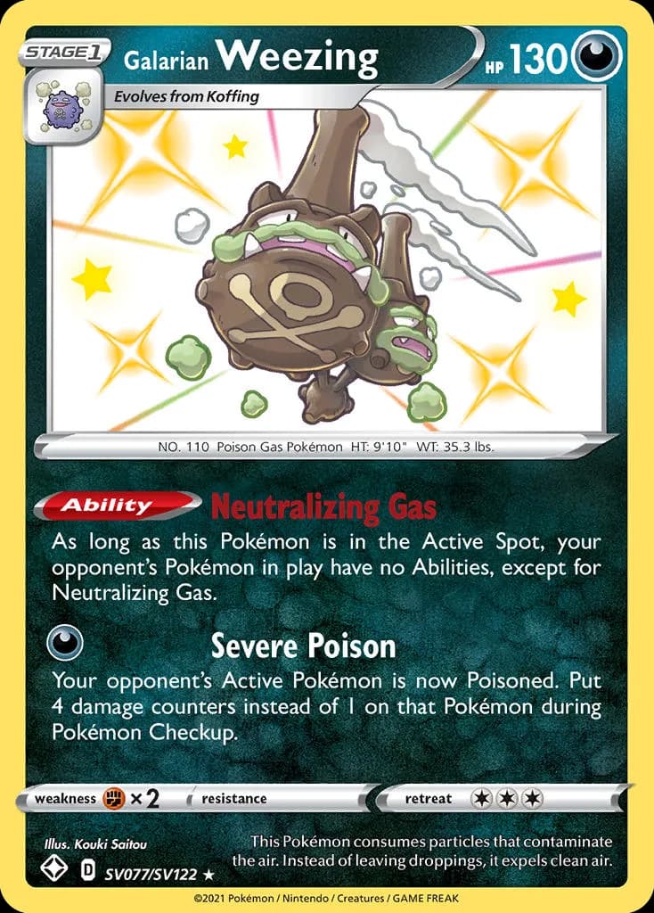 Shining Fates Galarian Weezing card front, SV077/SV122