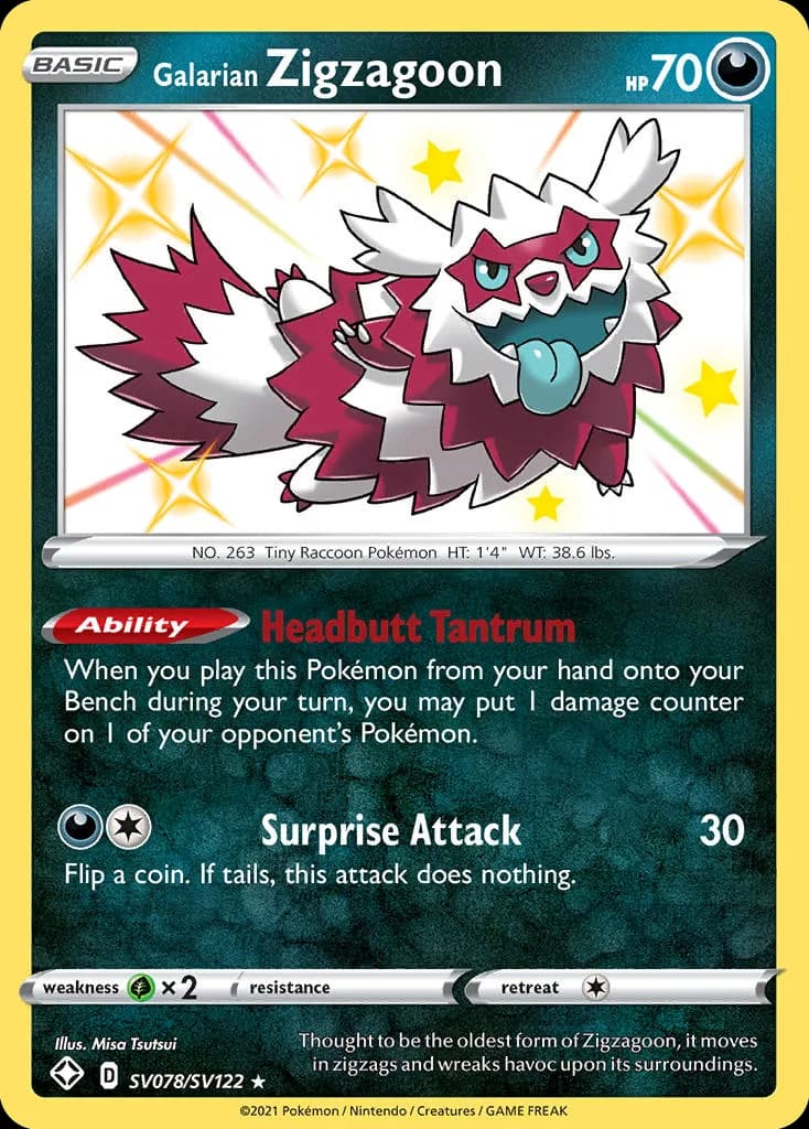 Shining Fates Galarian Zigzagoon card front, SV078/SV122