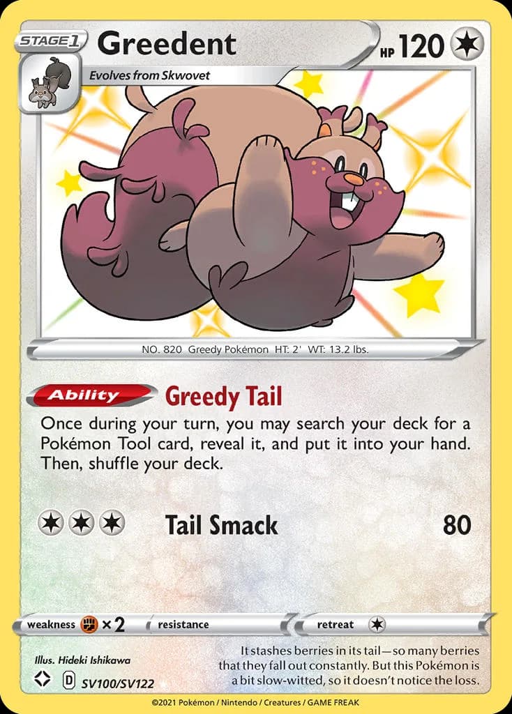 Shining Fates Greedent card front, SV100/SV122