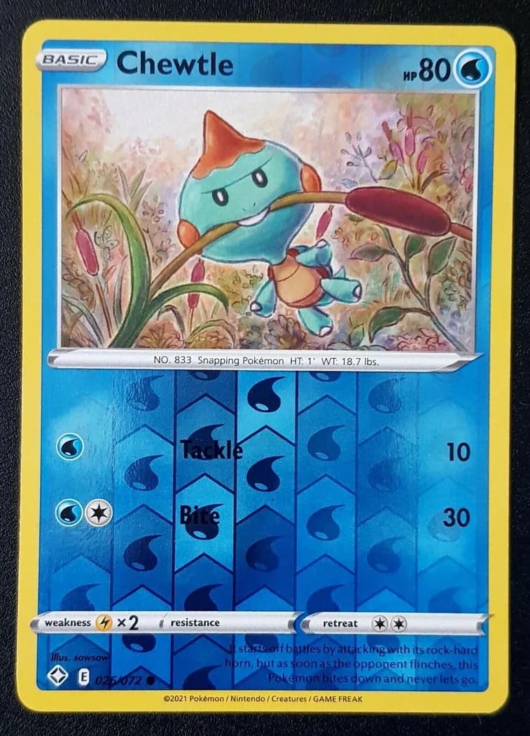 Chewtle reverse holo card front, Shining Fates 26/72