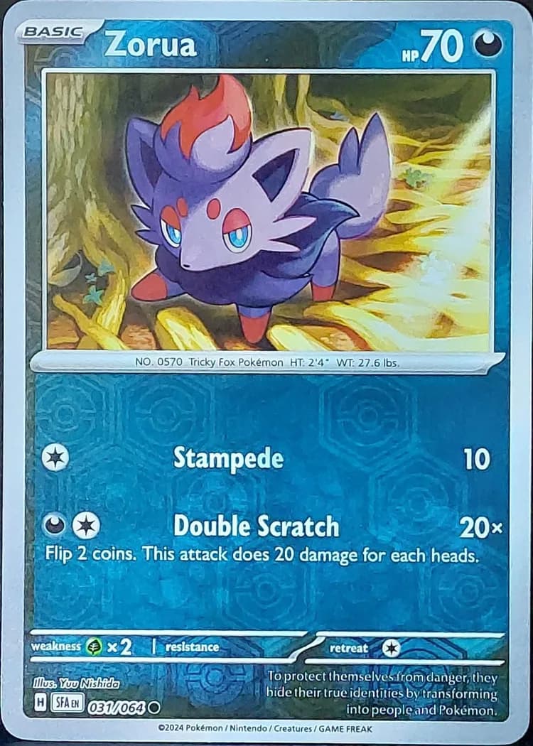 Zorua reverse holo card front, Shrouded Fable 31/64