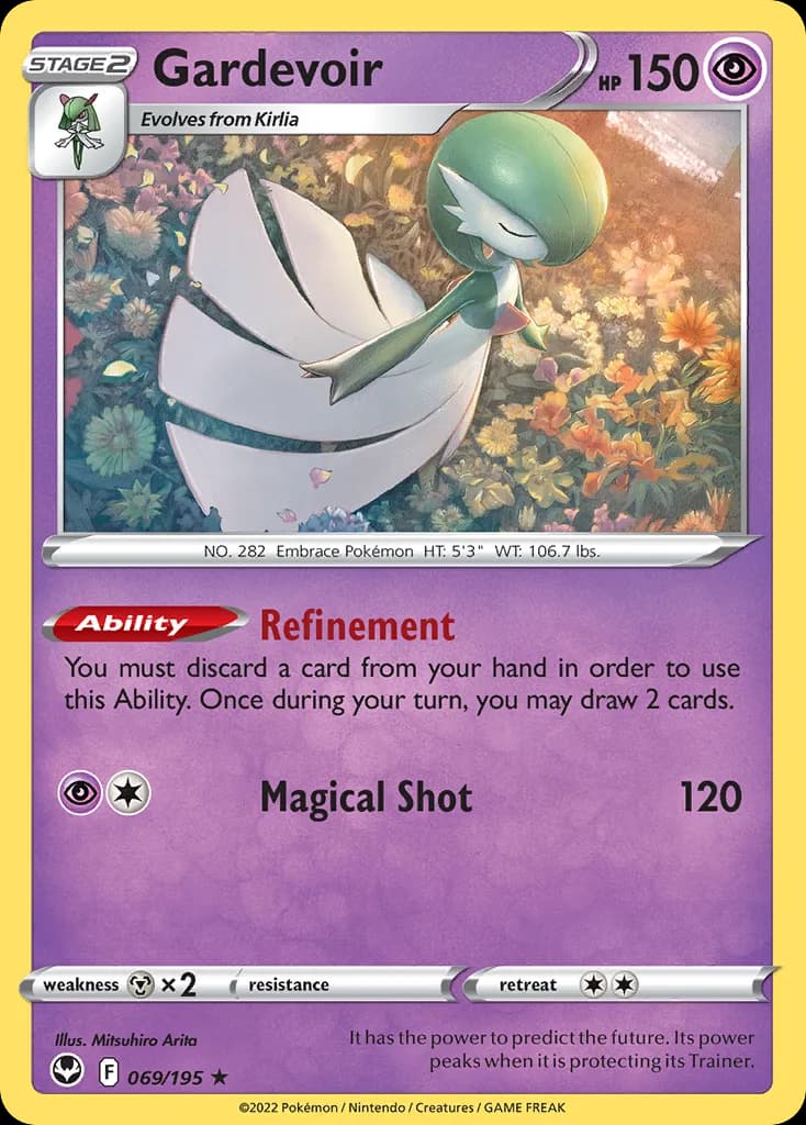 Gardevoir, Silver Tempest 69/195, English non-holo base-card reference; reverse-holo finish is not shown