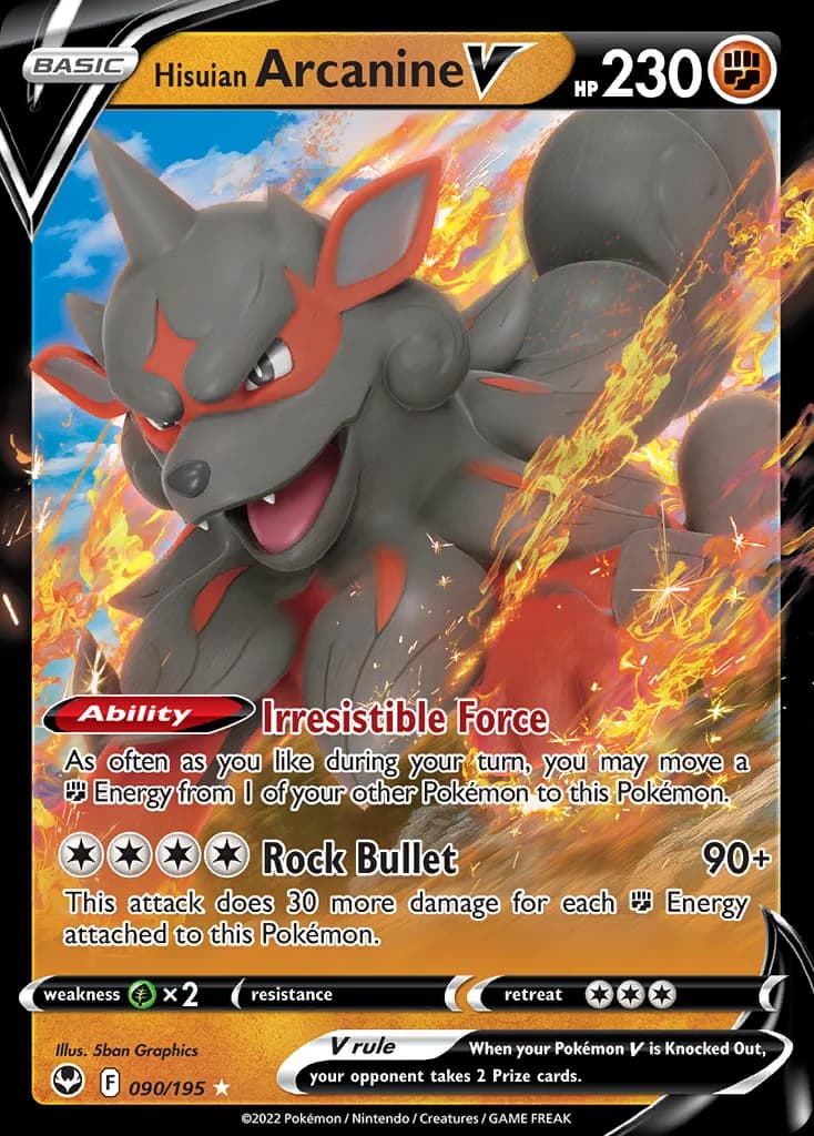 Hisuian Arcanine V card front, Silver Tempest 90/195