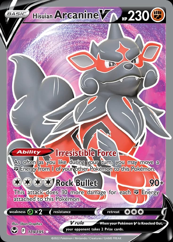 Hisuian Arcanine V card front, Silver Tempest 179/195