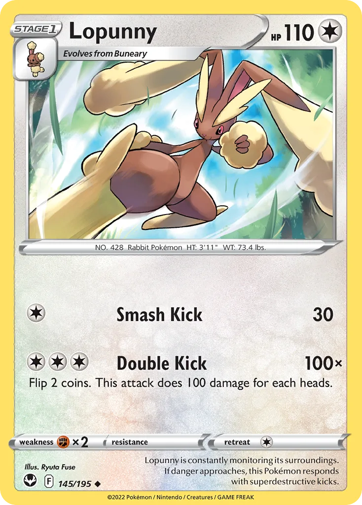 Lopunny, Silver Tempest 145/195, English non-holo base-card reference; reverse-holo finish is not shown
