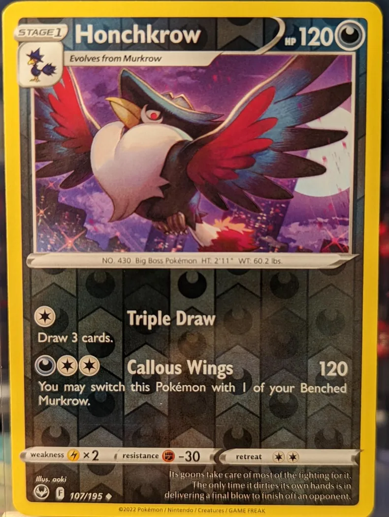 Honchkrow reverse holo card front, Silver Tempest 107/195
