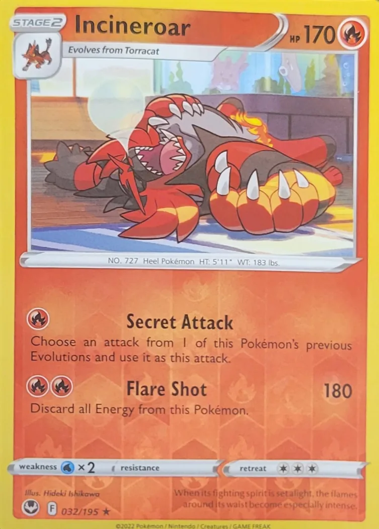 Incineroar reverse holo card front, Silver Tempest 32/195