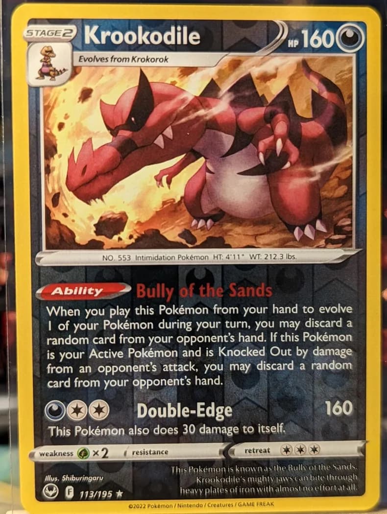 Krookodile reverse holo card front, Silver Tempest 113/195