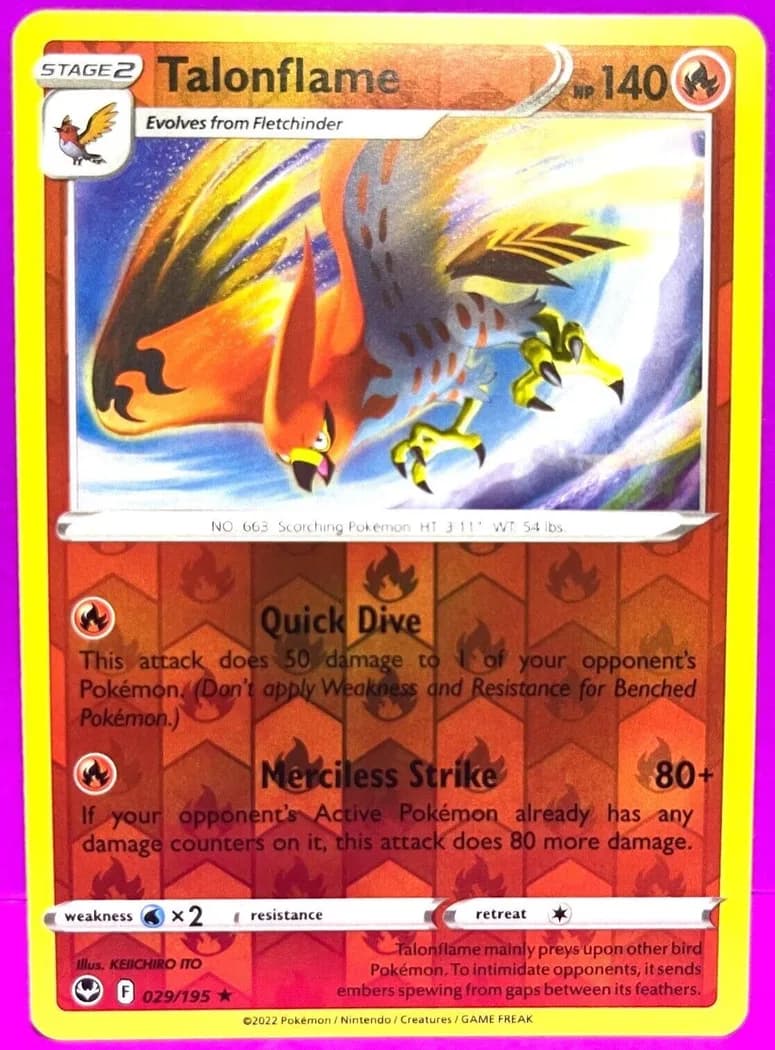 Talonflame reverse holo card front, Silver Tempest 29/195