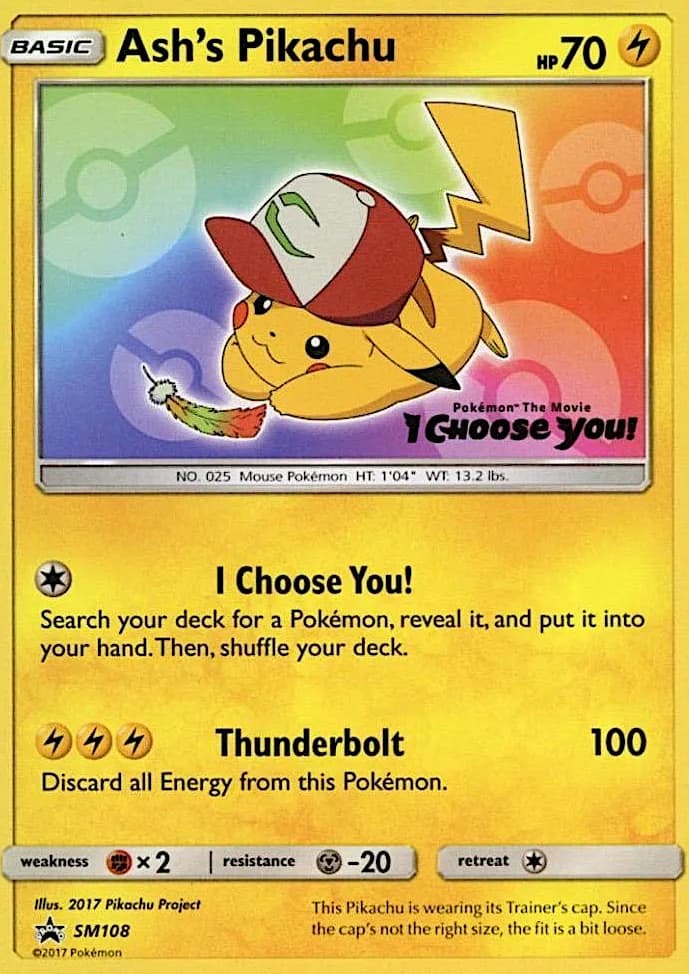 SM Black Star Promos Ash's Pikachu promo card front, SM108