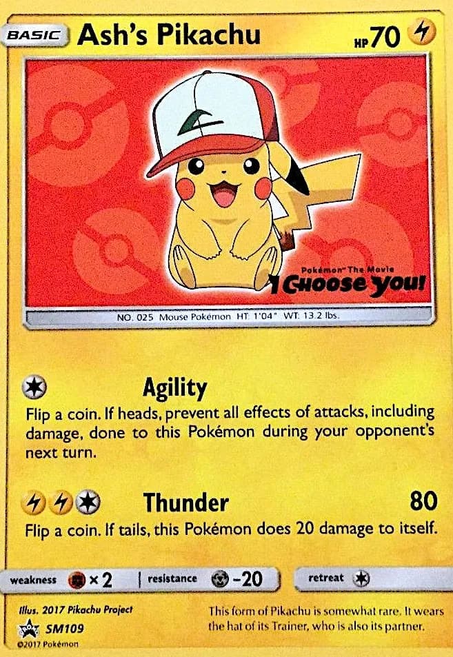 SM Black Star Promos Ash's Pikachu promo card front, SM109