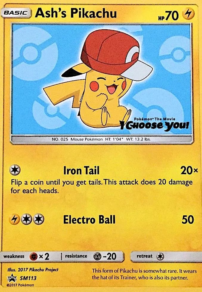 SM Black Star Promos Ash's Pikachu promo card front, SM113