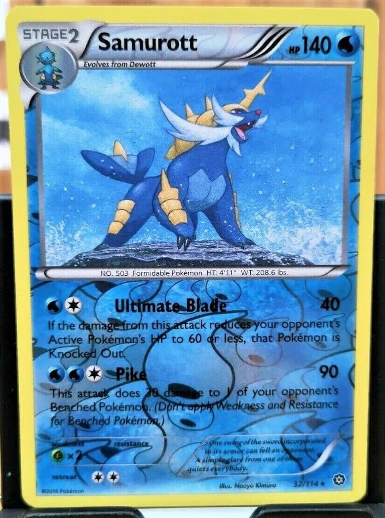 Samurott reverse holo card front, Steam Siege 32/114