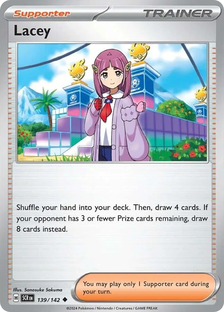 Lacey, Stellar Crown 139/142, English non-holo base-card reference; reverse-holo finish is not shown