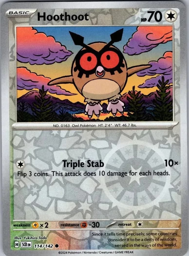 Hoothoot reverse holo card front, Stellar Crown 114/142