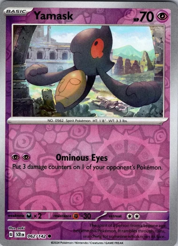 Yamask reverse holo card front, Stellar Crown 62/142