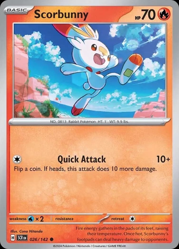 Scorbunny, Stellar Crown 26/142, English non-holo base-card reference; reverse-holo finish is not shown