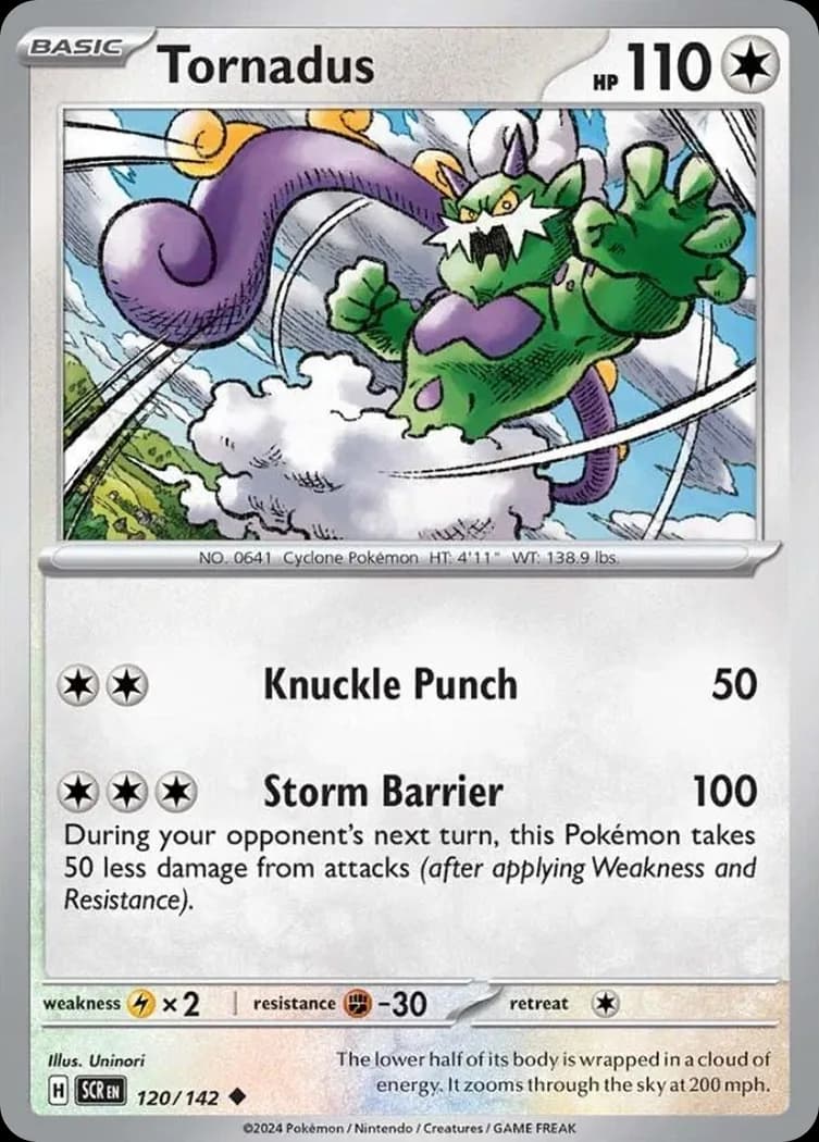 Tornadus, Stellar Crown 120/142, English non-holo base-card reference; reverse-holo finish is not shown