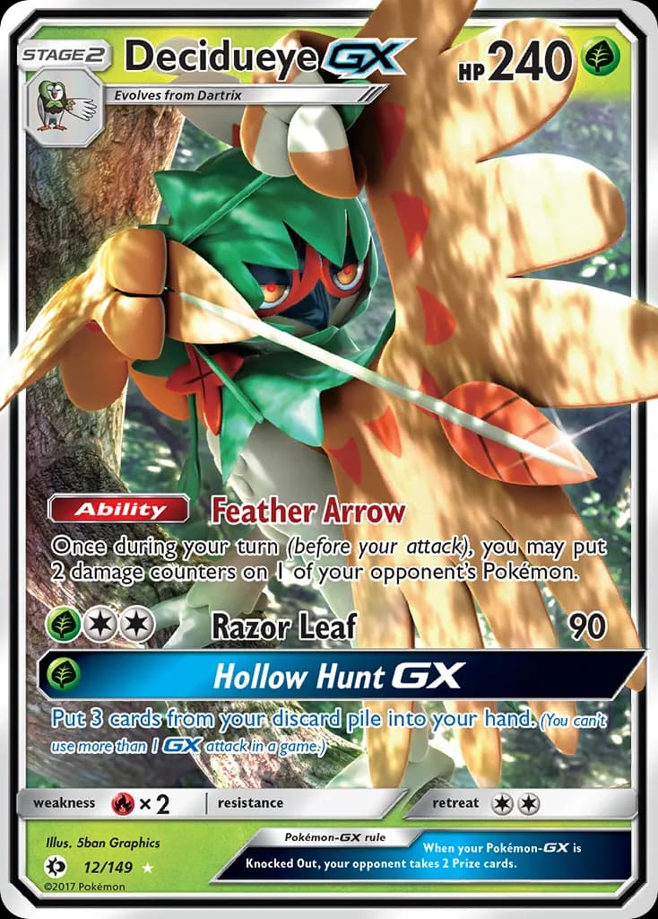 Decidueye-GX card front, Sun & Moon 12/149