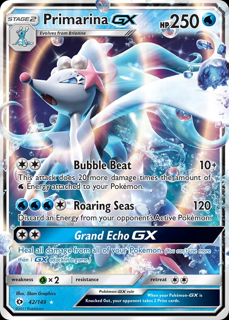 Sun & Moon Primarina-GX card front, 42/149