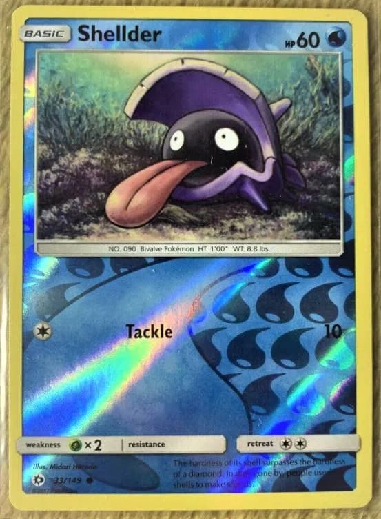 Shellder reverse holo card front, Sun & Moon 33/149
