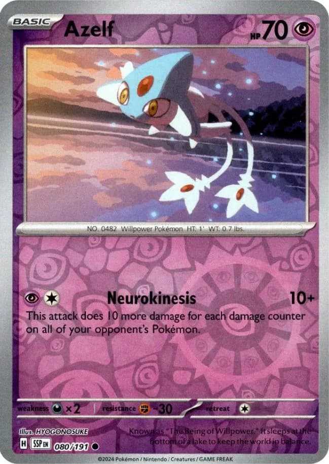 Azelf reverse holo card front, Surging Sparks 80/191