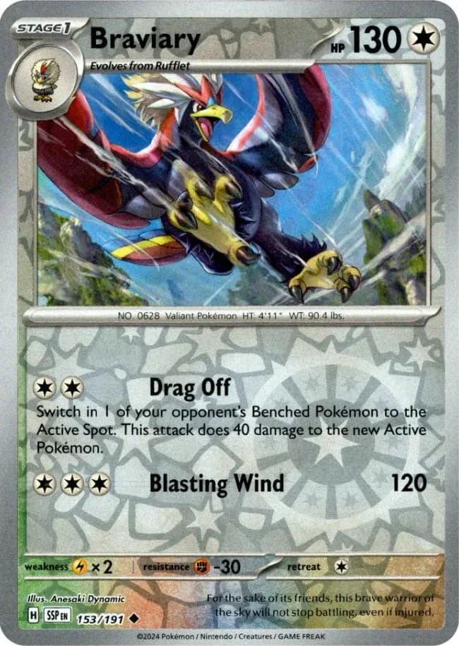 Braviary reverse holo card front, Surging Sparks 153/191