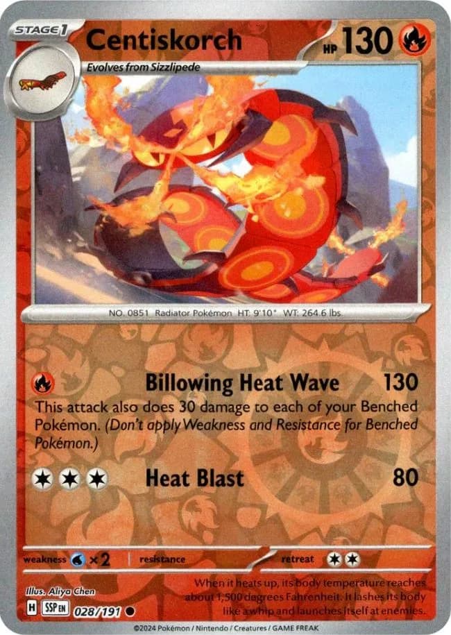 Centiskorch reverse holo card front, Surging Sparks 28/191