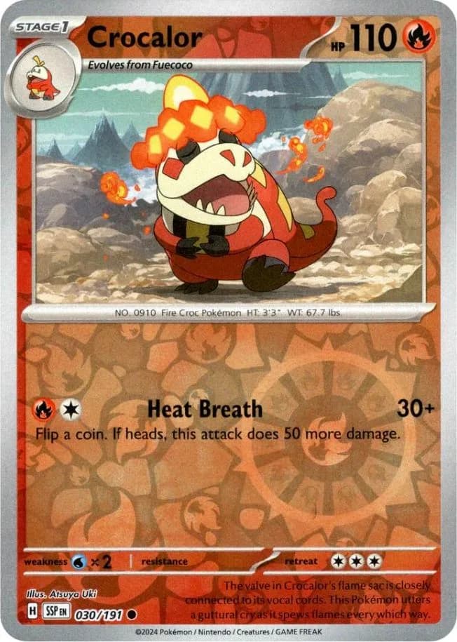 Crocalor reverse holo card front, Surging Sparks 30/191