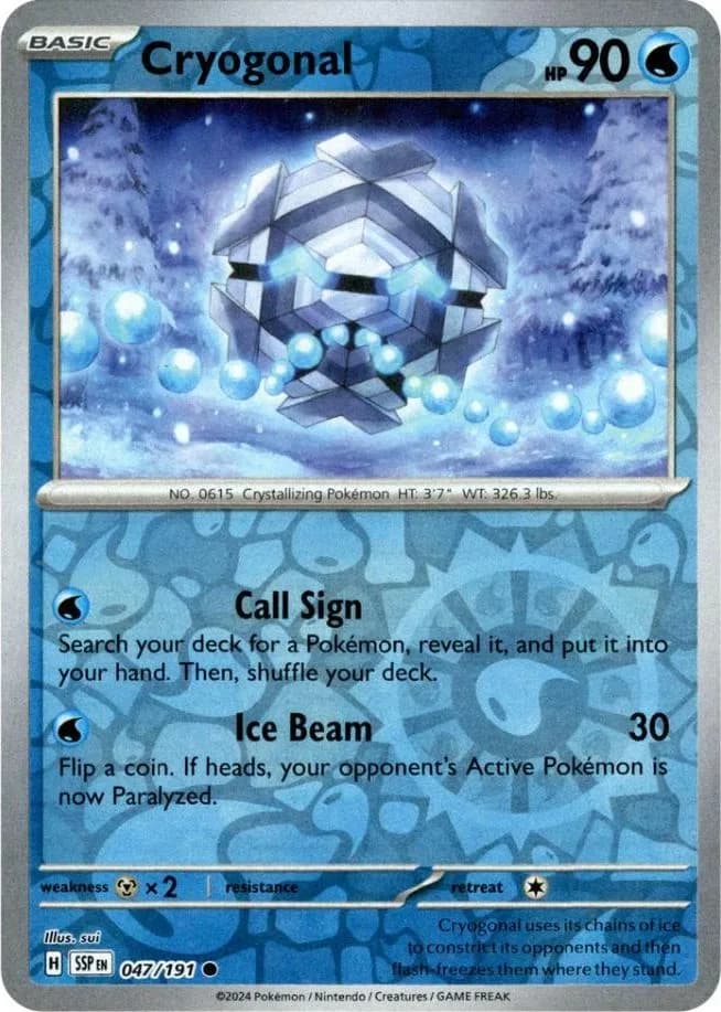 Cryogonal reverse holo card front, Surging Sparks 47/191