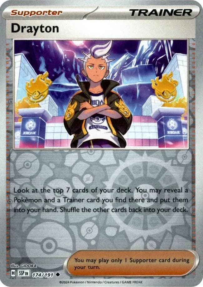 Drayton reverse holo card front, Surging Sparks 174/191