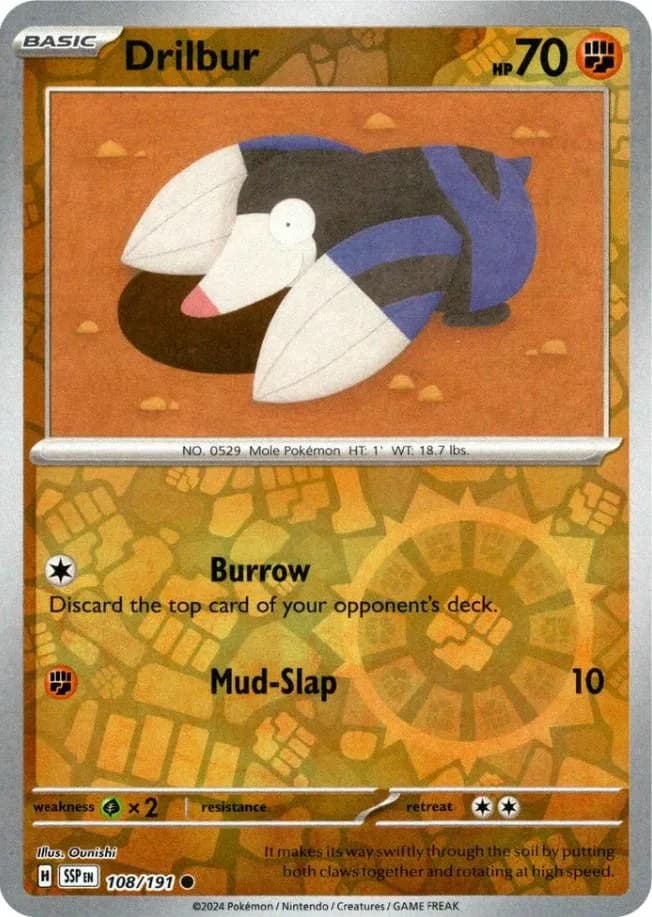 Drilbur reverse holo card front, Surging Sparks 108/191