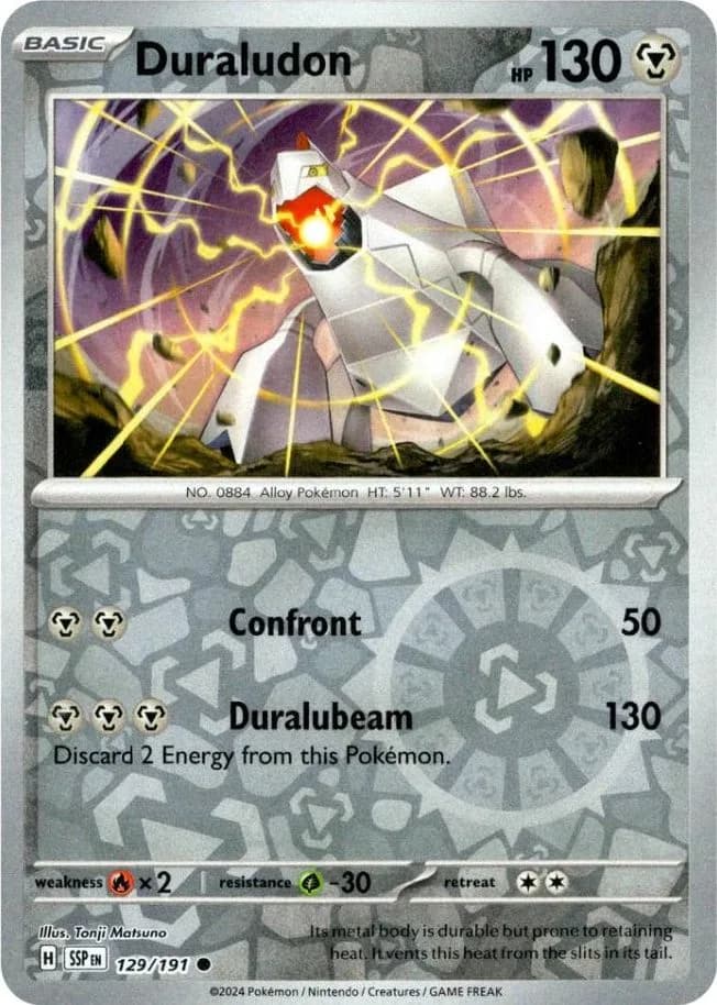 Duraludon reverse holo card front, Surging Sparks 129/191
