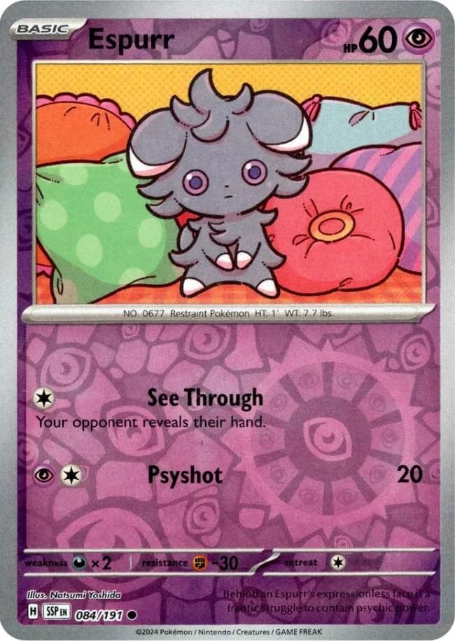 Espurr reverse holo card front, Surging Sparks 84/191