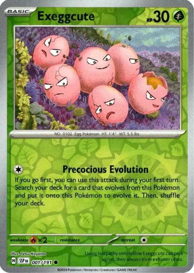 Exeggcute reverse holo card front, Surging Sparks 1/191